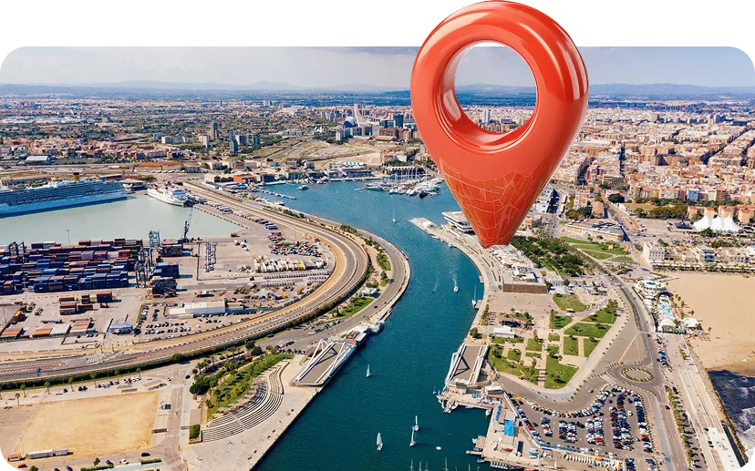 Vista aérea de La Marina de Valencia con la ubicación del festival señalada