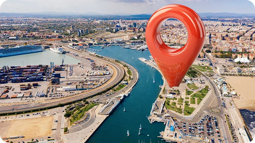 Vista aérea de La Marina de Valencia con la ubicación del festival señalada